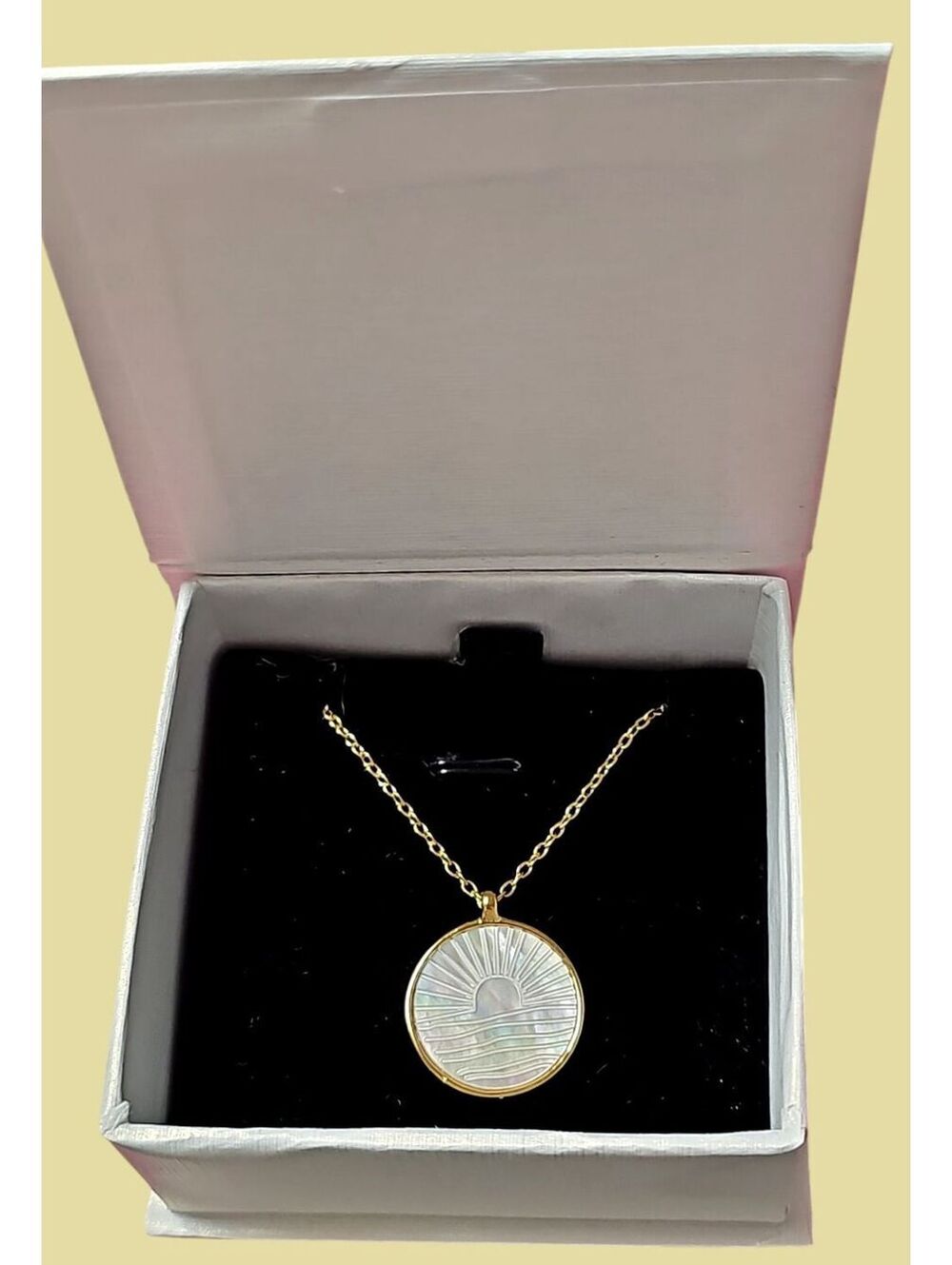 Mint & Lily Mother of Pearl Sunrise Pendant Necklace Gold Tone 18-20" w/ Box